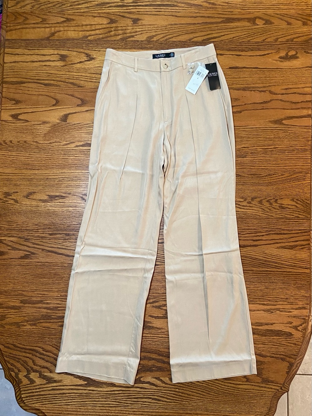 NWT Lauren Ralph Lauren Women’s Pants Sz 6 Tan Pleated High Rise Wide Leg